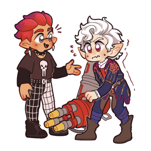 illustration of my splatoon sona talking to astarion from baldurs gate, who is struggling to pick up a hydra splatling by @ambirdoodles on twitter